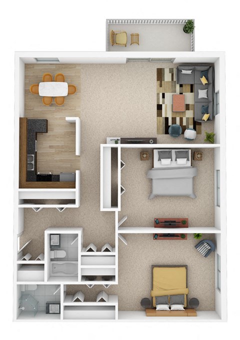 Floor plan for 2 beds, 1 bath, 1070 sqft